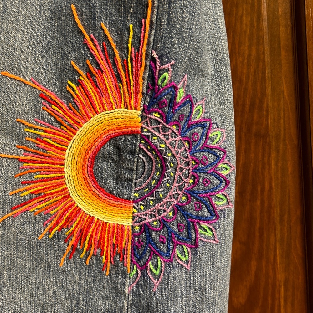 Remade denim maxi skirt with hand with hand embroidery and hand mended patches. - Picture 3 of 7